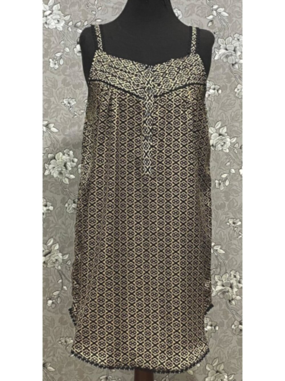 SoieRose Black Gold Ornate Print Satin Victorian Nightgown SR-1244